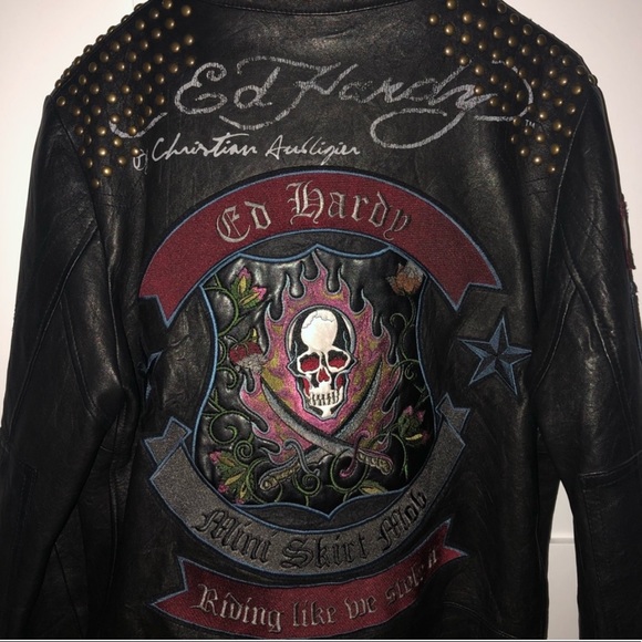 Ed Hardy Mens Leather Motorcycle Jacket 